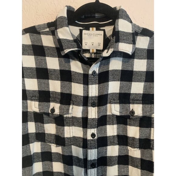Denim & Flower Ricky Singh Men's Flannel Buffallo Black & White Size M - Picture 2 of 7